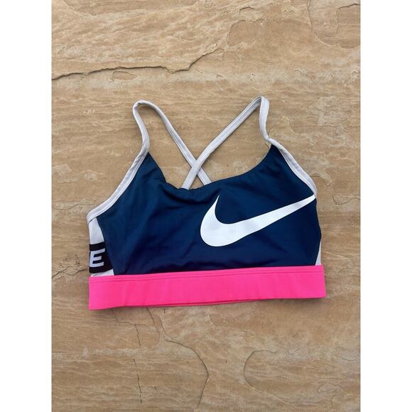 Nike Womens Sports Bra Medium Navy Pink Strappy Back Activewear - Picture 1 of 5